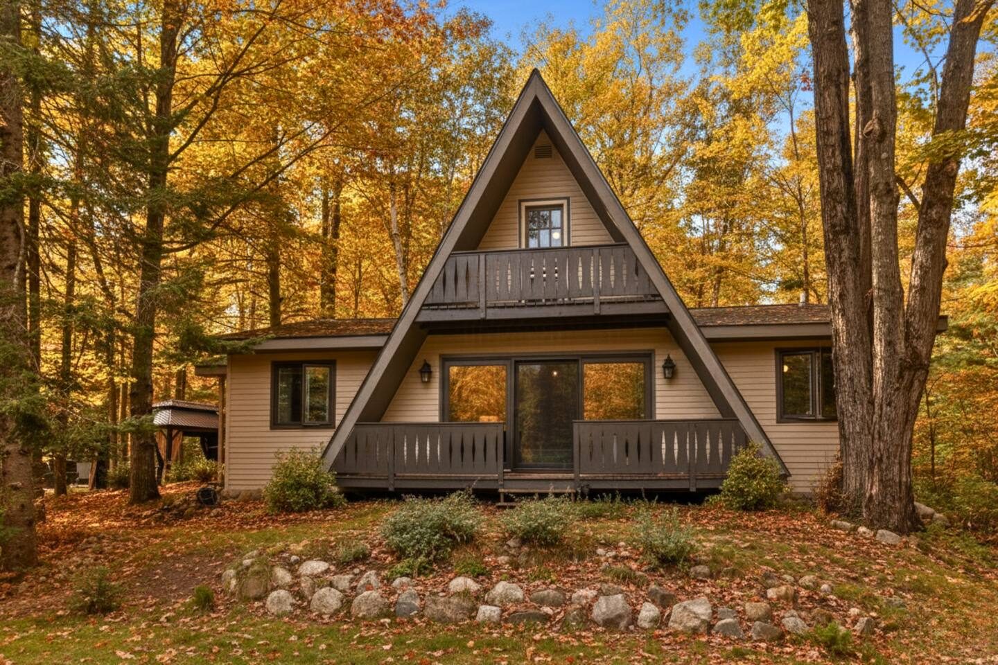 Seven Pines Chalet A-frame in fall color, Ellsworth, Michigan