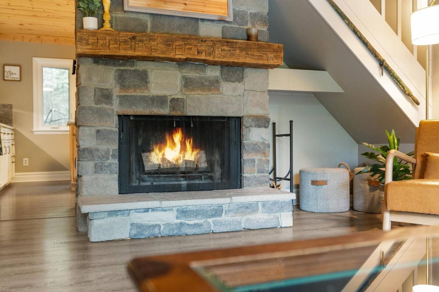 Stone wood-burning fireplace